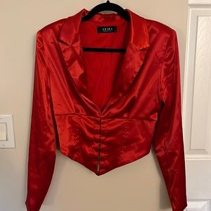 AKIRA Red Satin Long Sleeve Top